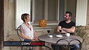 mature brunette in stockings chats with young guy