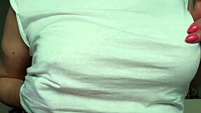 Busty milf wets t-shirt without bra, orgasms from pierced nipples