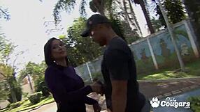Tanned cougar gets pounded in the garage for anal