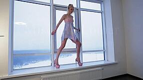 Michelle, a blonde gymnast, showing off her flexibility and wearing high heels