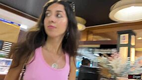 Skinny brunette gets covered in cum while shopping outdoors