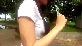 Bent over doggystyle public sex with creampie in park bathroom