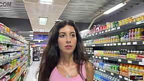 Skinny brunette gets covered in cum while shopping outdoors