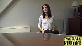 Andi Dye, a redhead, has a BDSM sex scene with a British and European hung man