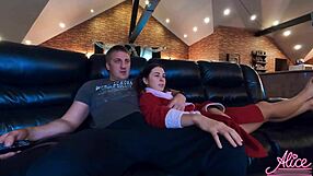 Busty brunette babe sucks cock, then rides in doggystyle, cumming after tv