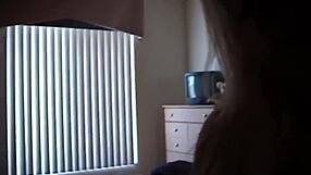 Teen skinny blond strips and gives a blow job to her tutor on a hidden camera