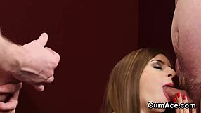 peculiar peach takes a massive jizz load on her face. she eats every bit of that cumshot mess.