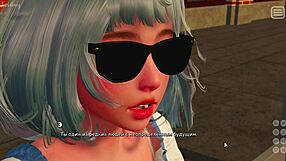 Beautiful anime MILF in dress, natural tits bounce during 3D cartoon gameplay