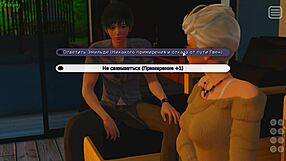 Beautiful anime MILF in dress, natural tits bounce during 3D cartoon gameplay