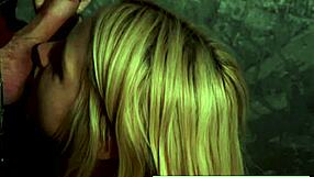 Sexy blonde Sarah swallows huge cock at glory hole