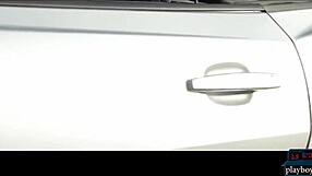 lesbian babes licking and fingering on corvette hood outdoors