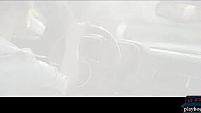 lesbian babes licking and fingering on corvette hood outdoors