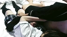 Schoolgirl cosplay, making her climax with fingers and raw sex