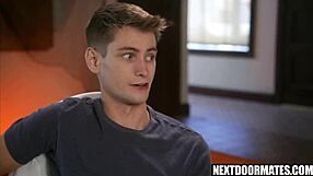 A Halloween gay threesome scene with bareback sex and a blowjob