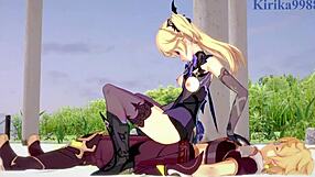 Wanna watch Amber and Fischl with Amy and Aether in wild Genshin Impact hentai?