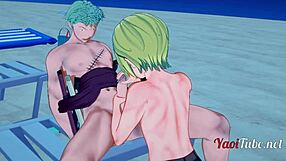 Japanese gay porn features Zoro and Sanji in beach scene