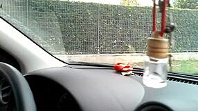 Sexy blonde milf wife masturbates with sex toy in car, voyeur watches