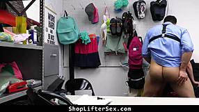 Teen shoplifter pleads innocence and gives a good blowjob and doggy style sex in the garage