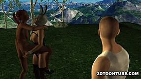 Two Bi 3D Babes Lick Each Other and Share a Cock