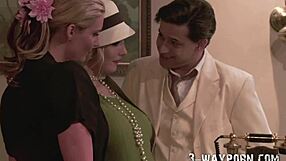 Old time cosplay threesome with 2 hot blondes, they say, flashing those big tits in costumes