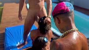 Wife and stepdaughter enjoy a pool party with friends