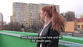 Redhead gets fucked on car bonnet in public amateur sex
