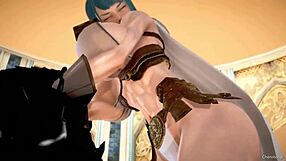 3D animated cartoon with a beautiful Japanese warrior and a huge demon king