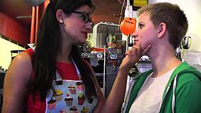 Lesbian kisses and cunnilingus in a messy kitchen
