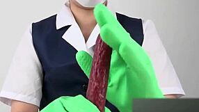 Asian beauty gets a latex glove handjob
