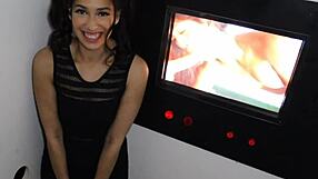 Pigtail beauty sucks cocks through gloryhole, swallowing eagerly