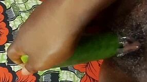 Cyndy, the black slave enjoys a cucumber insertion with a squirting orgasm