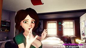 milf 3d hentai with short hair big tits in green shirt shorts red thong giving in room