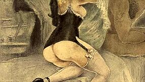 Detailed vintage erotic cartoon illustration featuring antique interracial anime hentai scenes