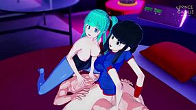 bulma and chichi in a threesome scene