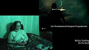 bbw with big natural tits and glasses plays naked alan wake 2, showing long hair and fat body