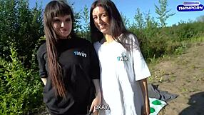 Skinny teen faces double monster cock in wild forest