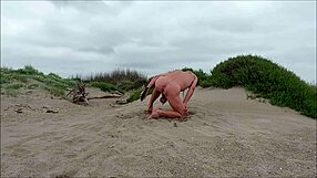 Skinny naked slave crawls outdoors for public anal toy use