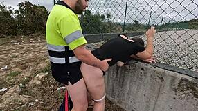 Gay fetish action with a construction worker and a curious girl in nature