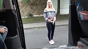 Skinny blonde gets car ride from horny stranger in POV