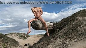 nude posing teases cock intensely at public beach cumming in plaza