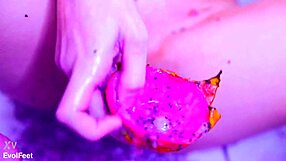Dirty toes squish fruit and wet pussy