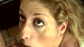 Sexy milf wife eagerly sucks her husband's big cock until he spills his load in POV.