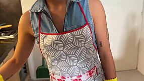 Cleaning girl skips work to swallow my big cock cum.