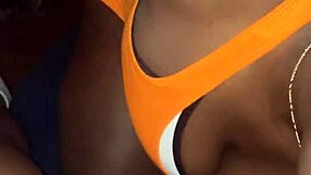 blind-folded ebony lesbian cheats on girlfriend... sucking big black cock and getting fucked hard!