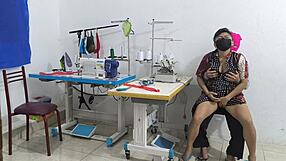 Intense seduction with Latina mature flashing ass in sewing workshop