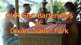 Trailer park slut working at the pool bar in Dixies