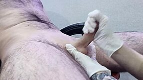 Nurse smears the patient's dick with cream and achieves happiness