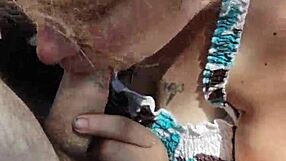 Horny bbw gives intense outdoor blowjob in public