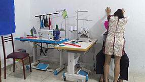 Intense seduction with Latina mature flashing ass in sewing workshop