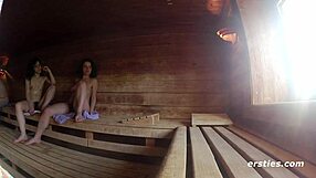 Hairy babes lick and finger pussies in sauna shower